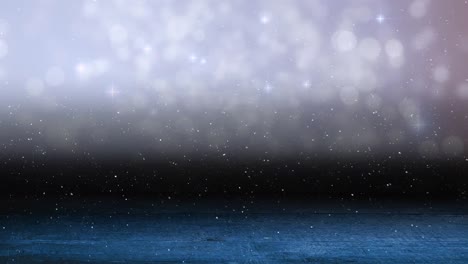 animation of snow falling over glowing spots of light with copy space and wooden surface