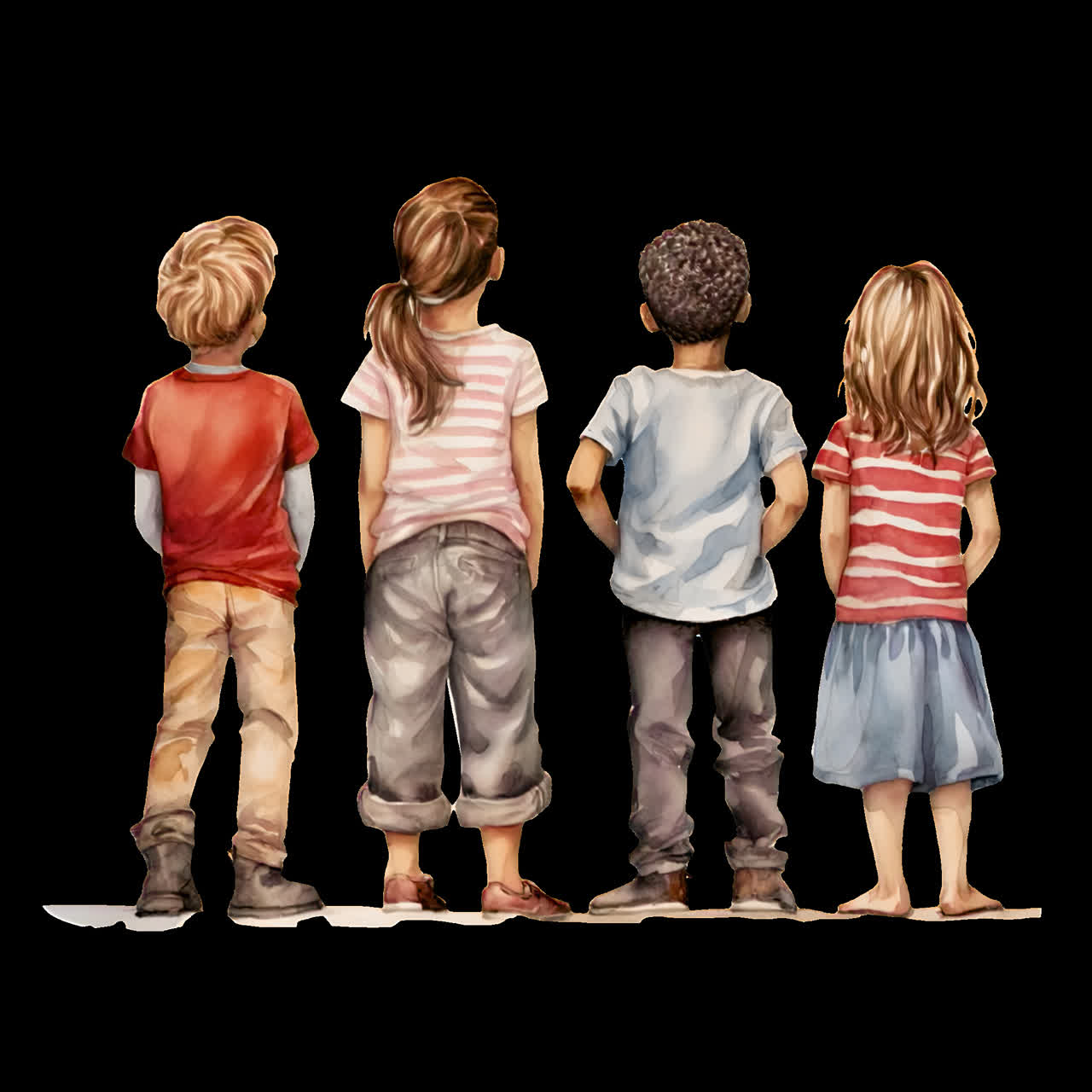 Diverse children standing together animation isolated asset, transparent 4K video, alpha channel