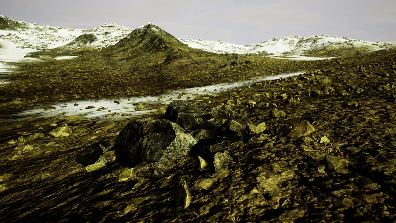 Mysterious rocky landscape under a pastel sky at twilight