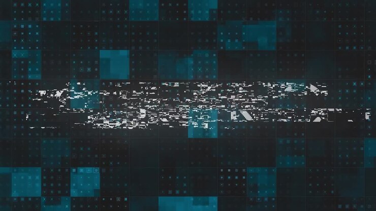 Animation of kick in white text with distortion over blue and black squares
