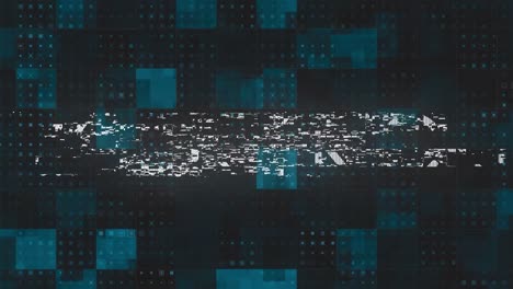 animación de patada en texto blanco con distorsión sobre cuadrados azules y negros