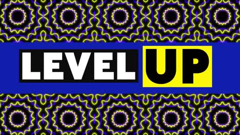 animation of level up text over moving shapes on black background