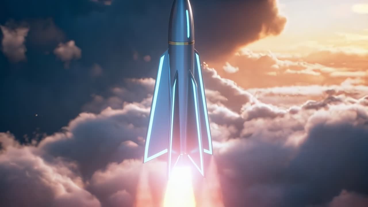 Dynamic upward angle of a rocket soaring through clouds, capturing a cinematic video style