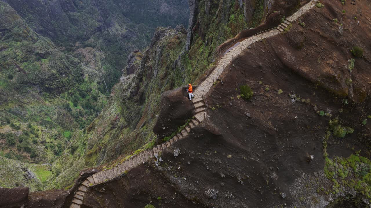Above View Of A Hiker At Pico do Arieiro In Madeira, Portugal. Aerial Topdown Shot
