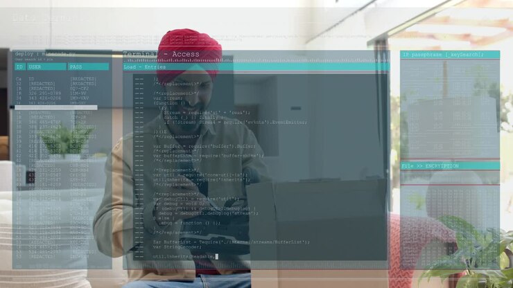 Man wearing red turban reaching into box, inspecting tech device while Access overlay guiding setup
