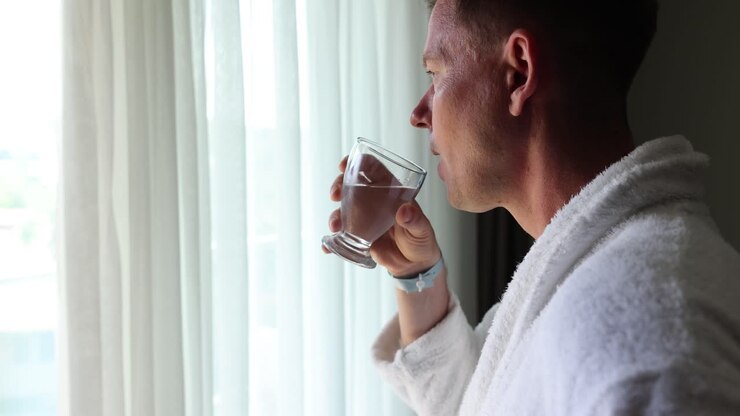 Man in bathrobe drinks water by window