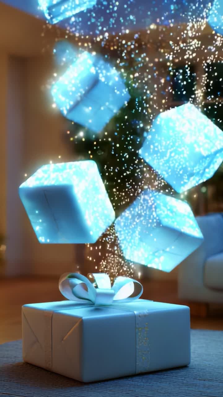 A Festive Scene Featuring a Floating Gift Box Illuminated with Sparkling Lights, Surrounded by Shimmering Blue Cubes, Creating a Magical Atmosphere of Anticipation and Joy for the Celebration