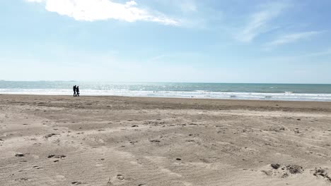 Pareja-Caminando-Cerca-De-La-Orilla-De-Una-Playa-Vacía