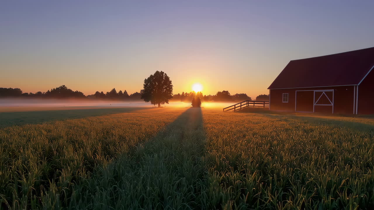 Sunrise over a Foggy Field with Red Barn