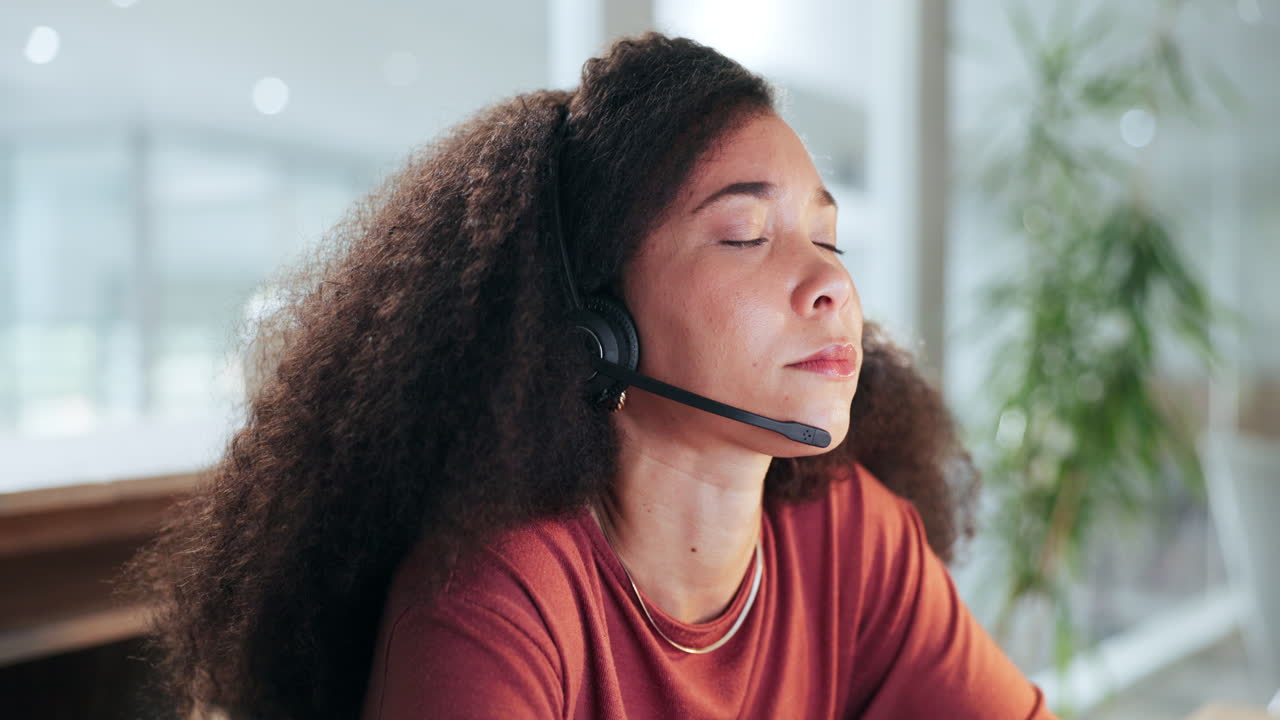 Call center woman, yawn and fatigue in office