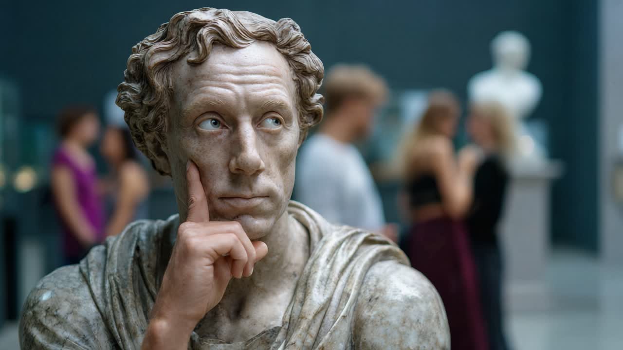 Scultura antica pensosa esposta sullo sfondo di un museo, con visitatori che ammirano ed esplorano le creazioni artistiche di storia e cultura.