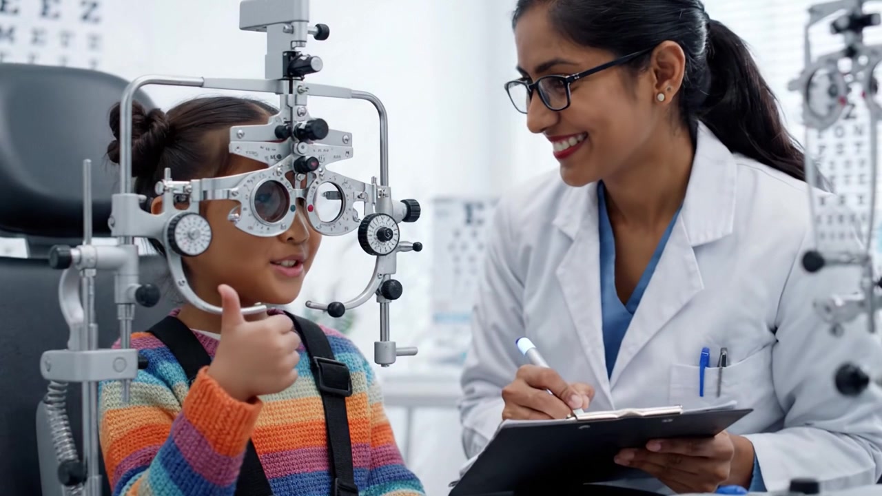 A pediatric eye examination shows a smiling little girl with colorful sweater, as an attentive eye doctor checks her vision with specialized equipment.