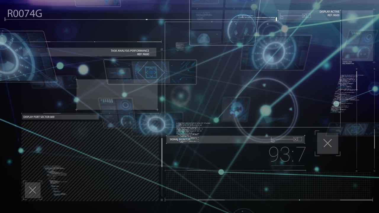 Animation of molecules over data processing on black background