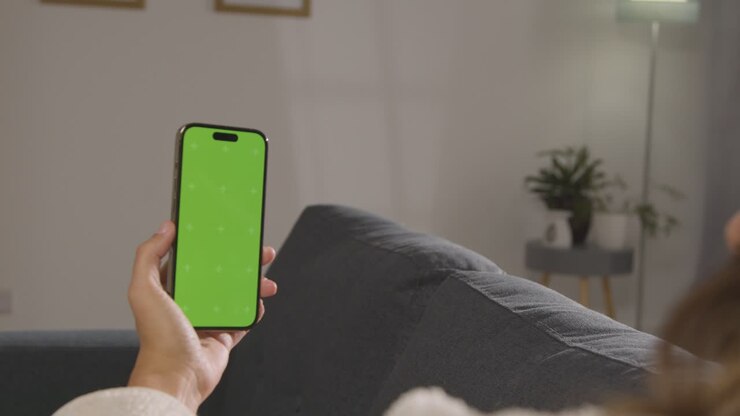 Ripresa da dietro la spalla di donna che usa un telefono cellulare con schermo verde 3