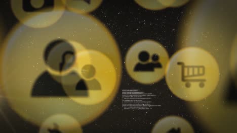 animación de la red de iconos de interfaz en el universo en movimiento con procesamiento de datos en el fondo