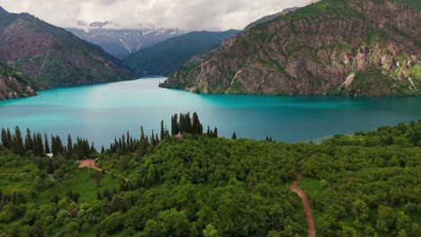 aerial view of sary-chelek lake in kyrgyzstan