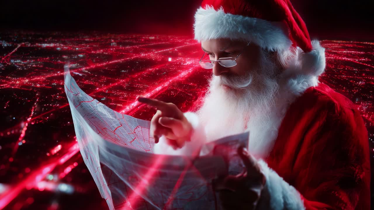 Santa Claus Examining a Detailed Map Against a Strikingly Illuminated Cityscape, Highlighting His Journey Through a Festive and Vibrant Night Sky Full of Christmas Lights
