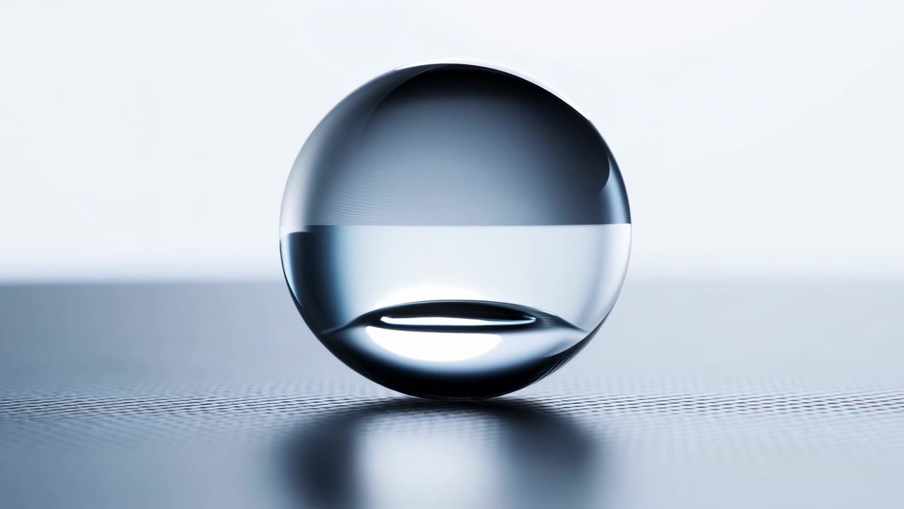 Vista ravvicinata centrata di una singola sfera di vetro trasparente su un tavolo scuro testurizzato con luce fredda anteriore sinistra, riflessi a specchio, ombre morbide e un'estetica moderna e pulita.
