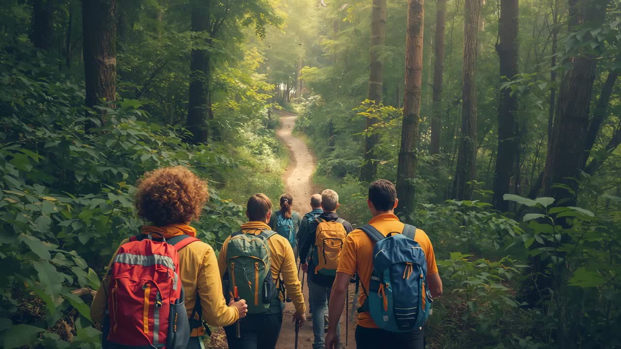 Sei escursionisti con giacche che seguono una guida lungo un sentiero nel bosco verso una radura soleggiata, con zaini e bastoncini