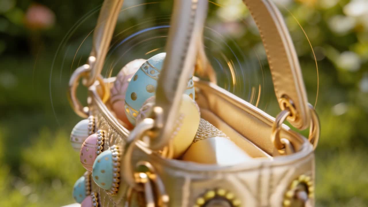Panning camera showcasing metallic gold quilted handbag in sunlit garden, highlighting pastel eggs