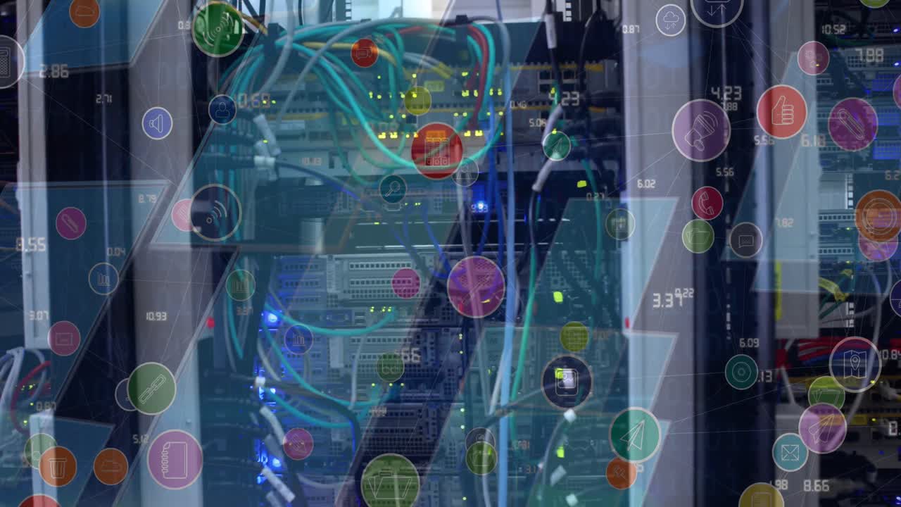 백그라운드에서 컴퓨터 케이블을 통해 디지털 아이콘의 애니메이션