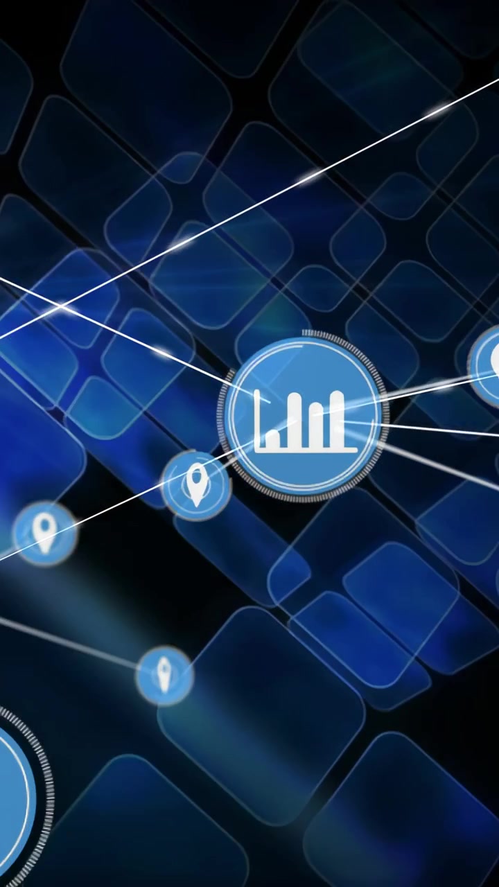Vertical video: Center blue node pulsing, fanning lines and spawning orbiters to map analytics