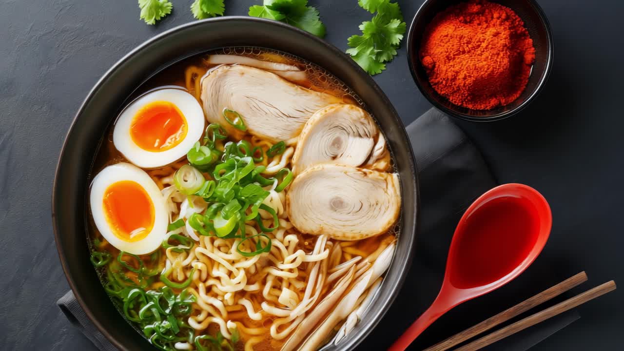 Delicious bowl of ramen is being prepared with chicken, egg, green onions, and spices, creating a flavorful and aromatic culinary experience
