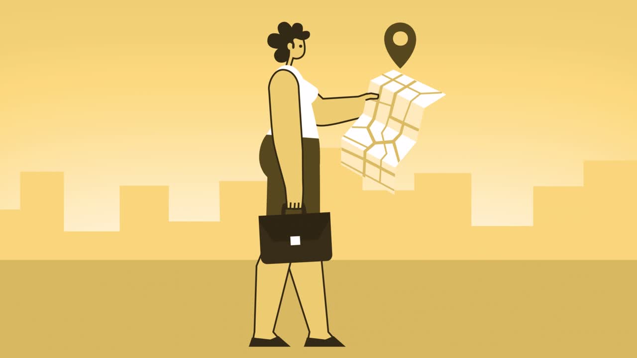 желтая женщина в стиле с портфелем плоский персонаж ходячий велосипед с gps картой. изолированная цикла анимация с альфа-каналом