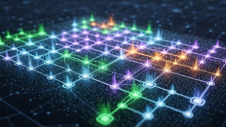 Rappresentazione visiva di modelli di dati in evoluzione in una griglia di rete, che mostra cambiamenti dinamici di colore ed emissioni di luce vibranti in un universo digitale.