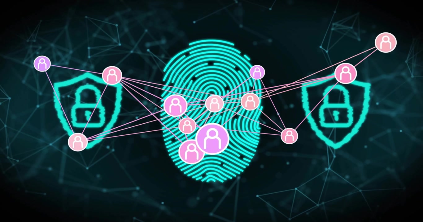 Star-field backdrop starting, user nodes linking, fingerprint growing, shields securing identity