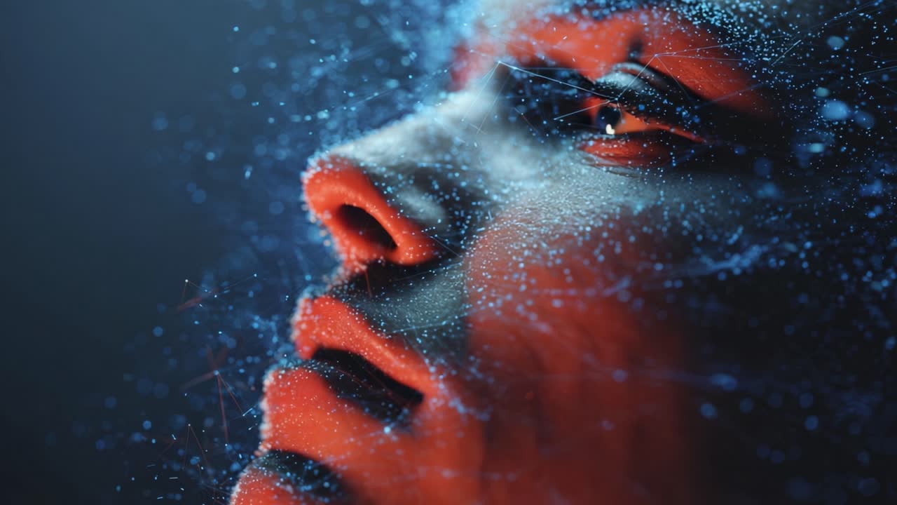 Digital human face constructed from glowing particles and a plexus network, illustrating concepts of artificial intelligence, technology, machine learning, and biometric facial recognition