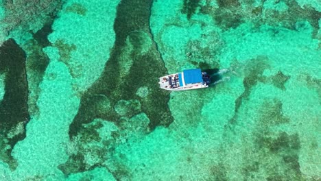 aerial view of a boat sailing over a beautiful coral reef