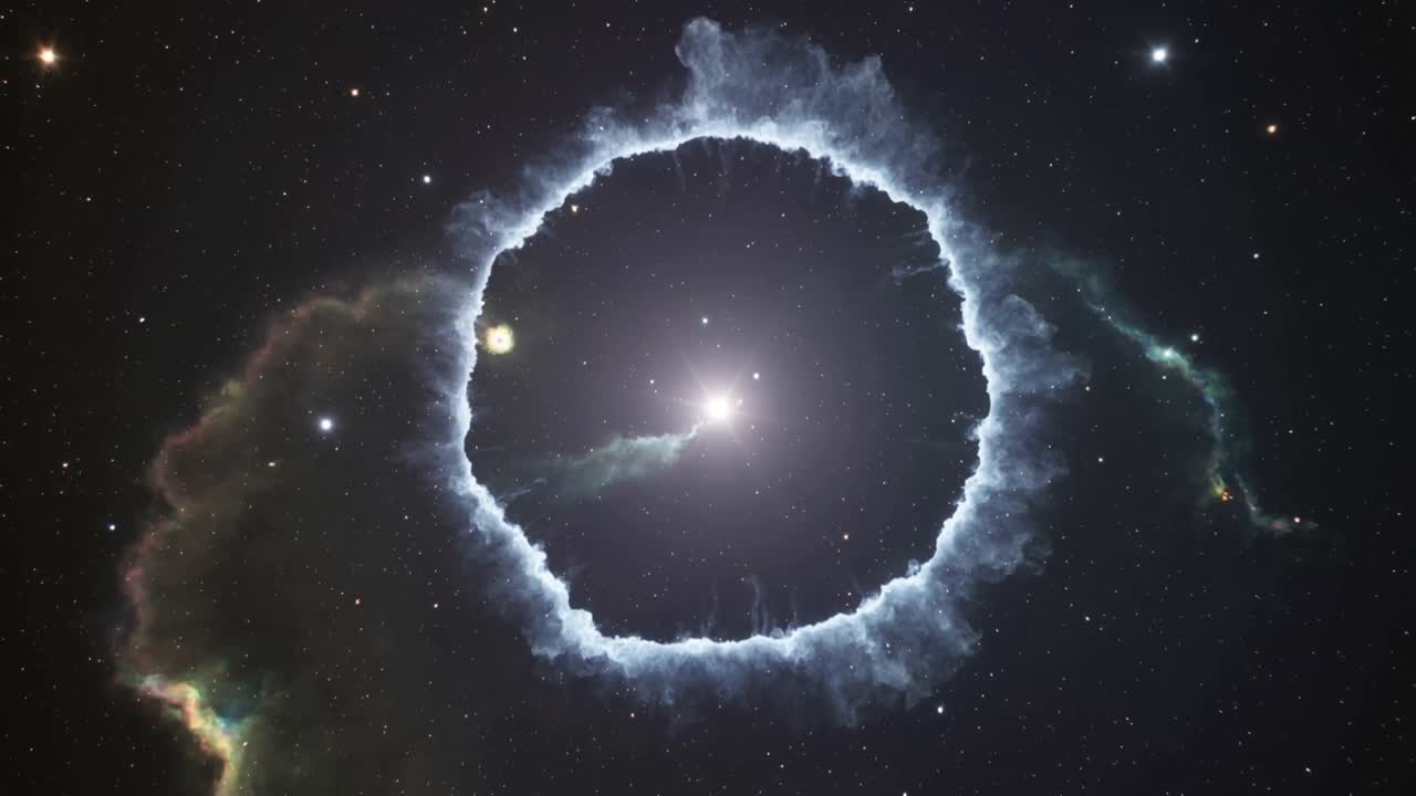 Mostrando estrela central brilhando, anel de nebulosa evoluindo, filamento cruzando para o núcleo no espaço profundo.