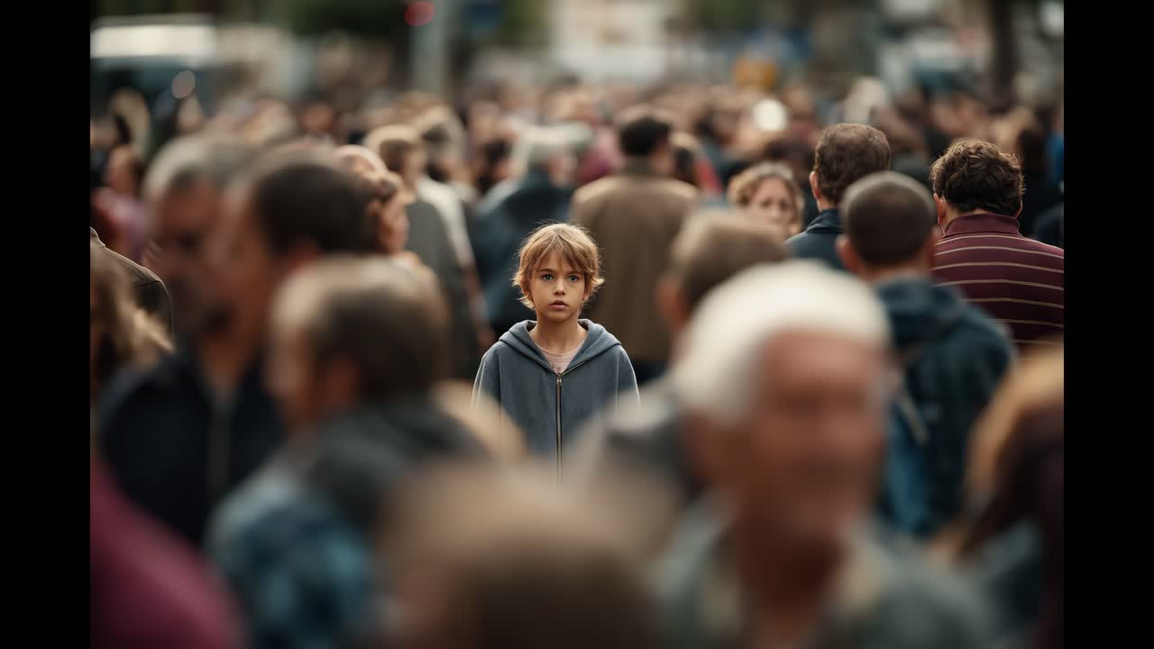 Young person in crowded street scene