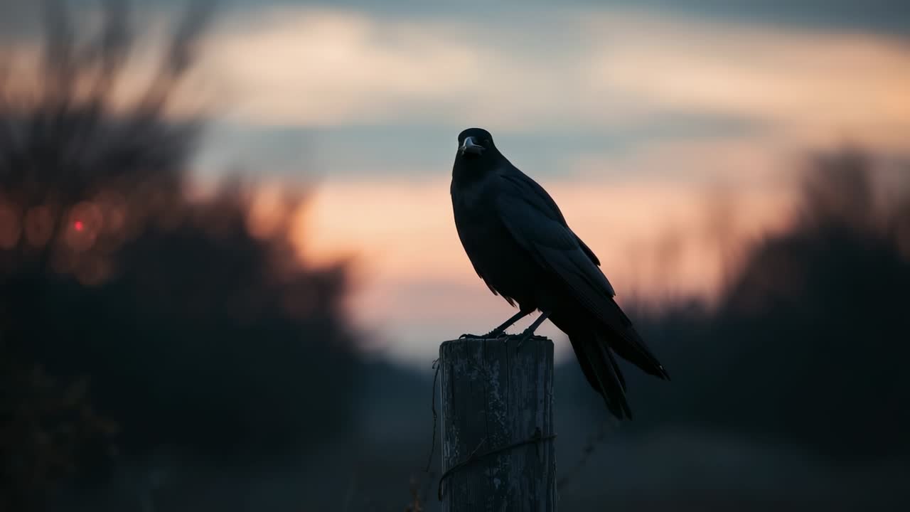 Shifting crow turning head and tilting on wooden post at rural road edge, surveying surroundings