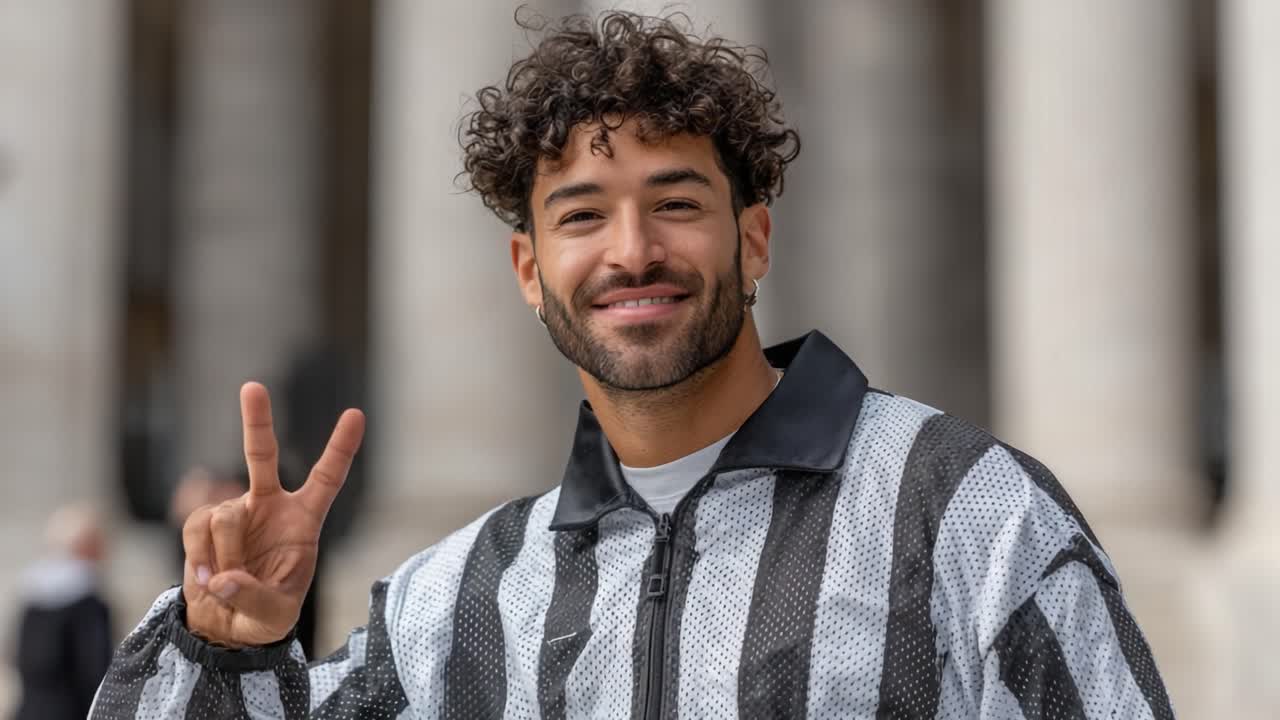 Un giovane uomo gioioso che mostra il segno della pace mentre sorride contro uno sfondo architettonico classico, mettendo in mostra un mix di entusiasmo e stile in abbigliamento casual.