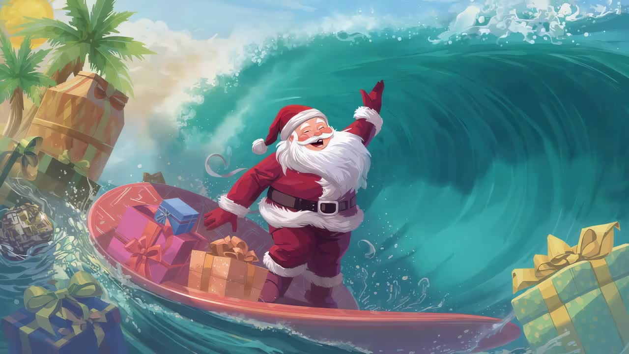 Riding Santa in red suit on surfboard at beach, carrying gifts to shore as wave building