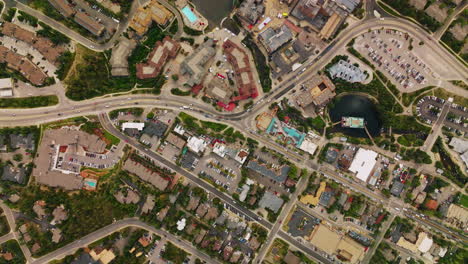 densely built little town of american state of colorado. aerial view of the busy streets of resort town in summer season.
