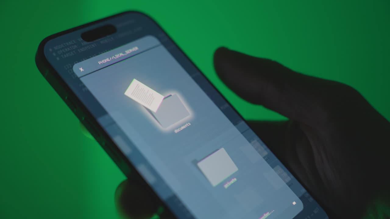 Close up on hand holding smartphone device transferring and sending documents. Secret or illegal leak or data breach by hacker group stealing information from remote server system with mobile phone