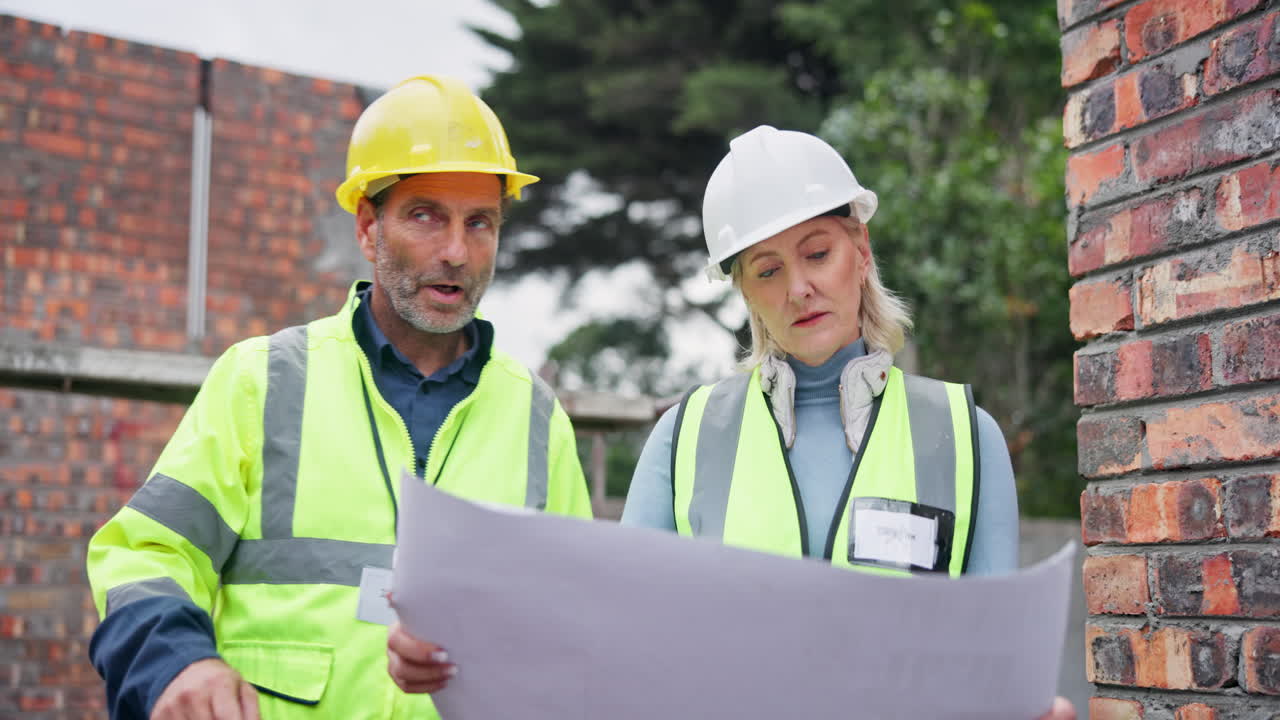 Construction workers reviewing plans on site