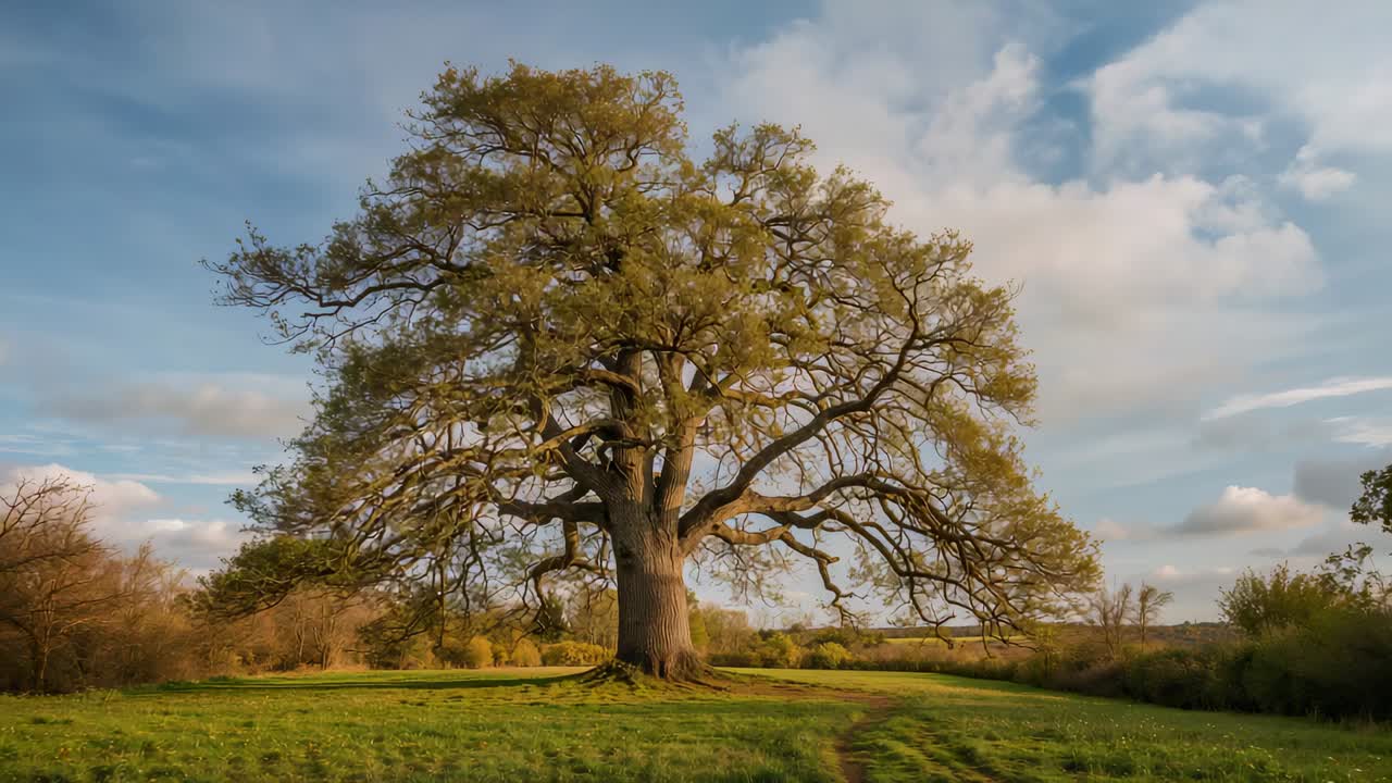 Ein reifer Baum mit breiter Krone, der im sanften Wind auf einer grasbewachsenen Wiese schwankt, mit einem dorthin führenden Feldweg