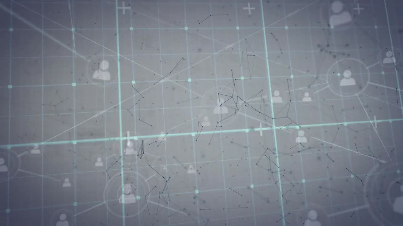 회색 바탕에 그리드 네트워크를 통해 연결 네트워크와 프로파일 아이콘의 애니메이션