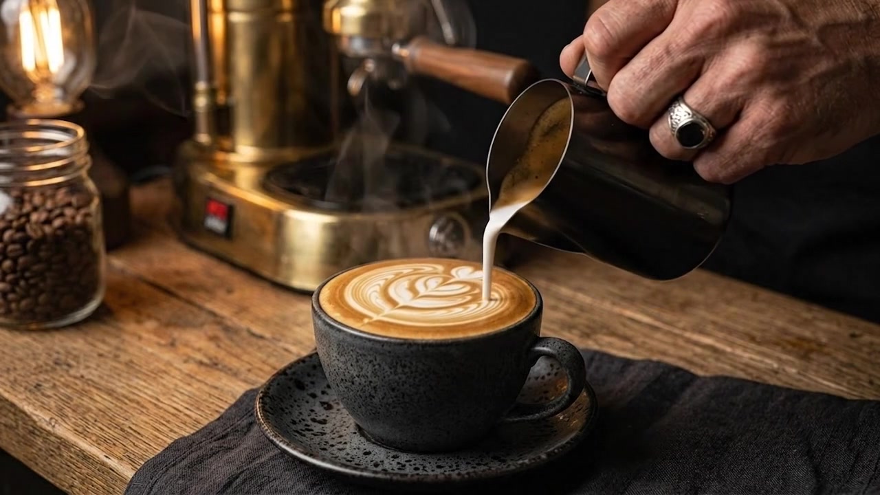 Barista hælder dampet mælk for at skabe latte-kunst på en kaffebar