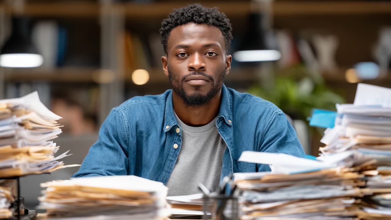 A focused individual surrounded by towering stacks of paperwork, showcasing determination amidst a busy workspace filled with documents and files demanding attention