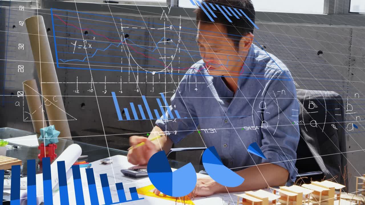 Animation of graphs, mathematical equation and diagrams, asian architect using calculator in office