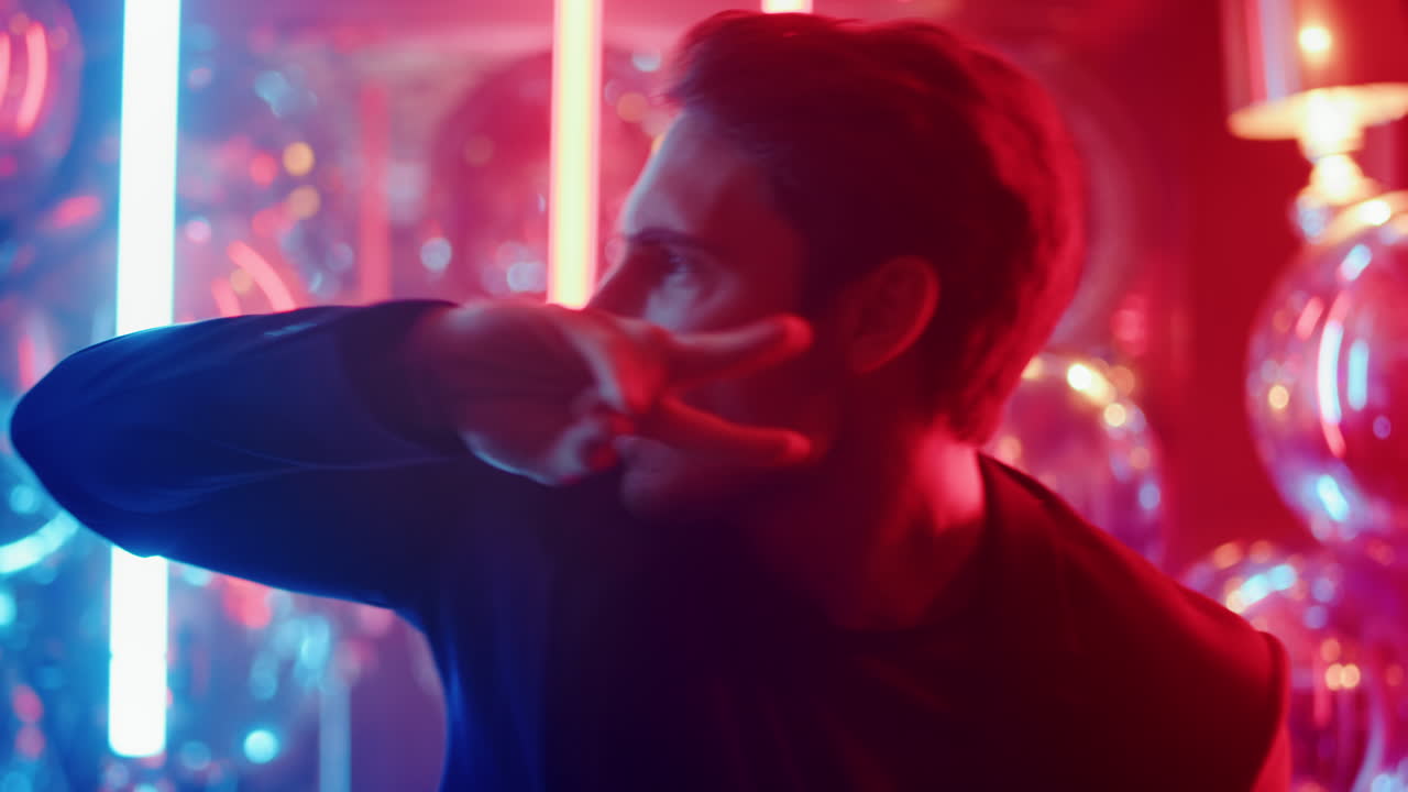retrato de un joven haciendo movimientos corporales en una fiesta. un tipo activo bailando en un club