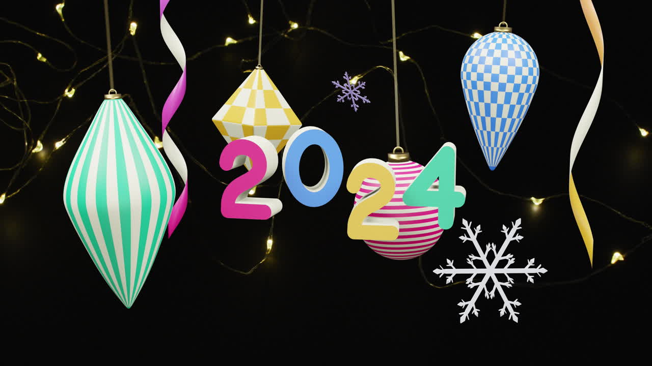 animación del texto de 2024 y decoraciones navideñas en el fondo