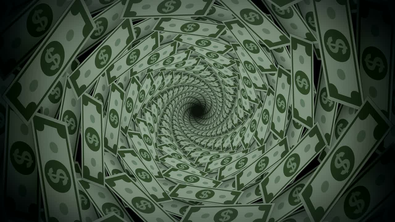 Animazione in loop di sfondo astratto con vortice di denaro e spirale di banconote da un dollaro.