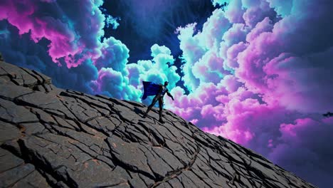 superhero on a rocky clifftop with colorful clouds