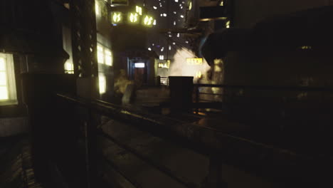 vibrant urban nightscape with glowing lights and misty ambiance